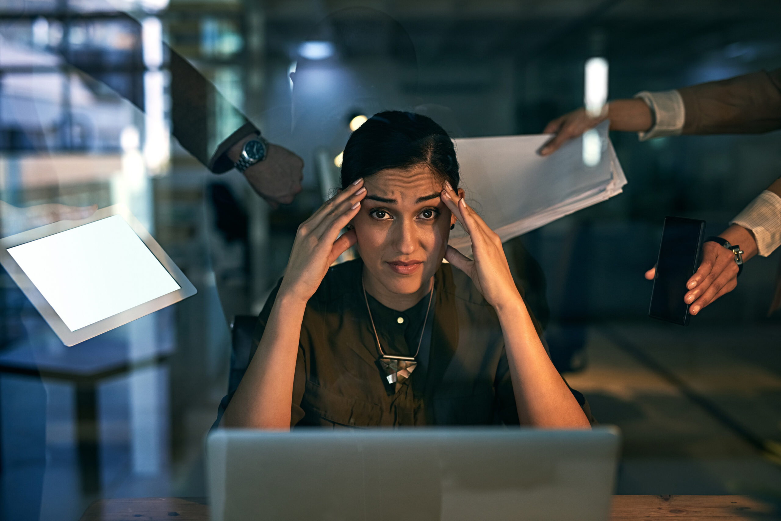 Woman, stress and pressure for colleagues, business and laptop with headache and burnout. Secretary, anxiety and 404 glitch for project, problem and issue for digital technology startup portrait.